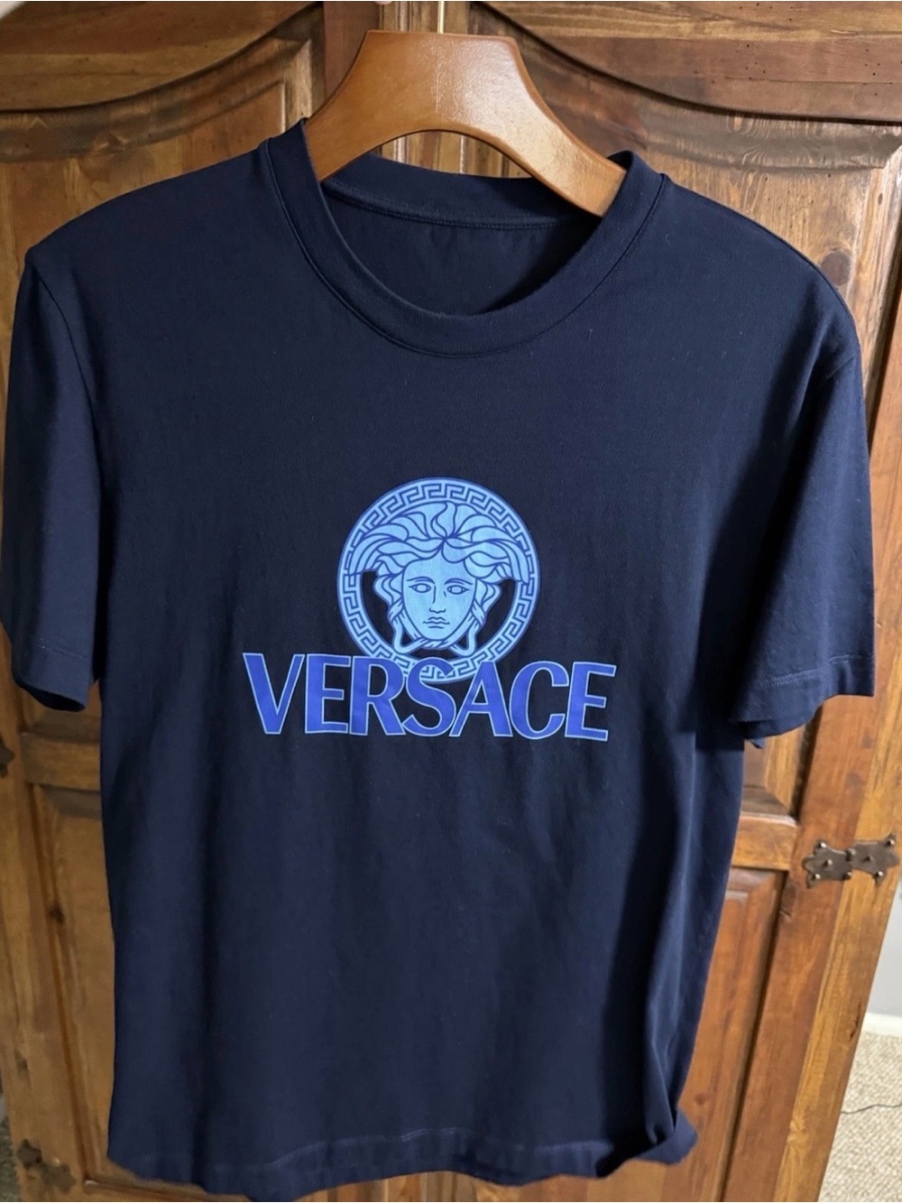Versace Black Tee with Blue Medusa Logo
